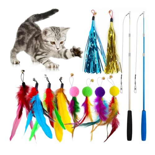 Voarge 12 PCS Interaktives Katzenspielzeug mit Federn, Katzenspielzeug mit lebhaften Farben, 2 dreiteilige Angeln, 10 Ersatzköpfe mit Glocke von Voarge