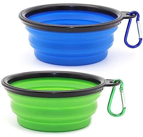Voarge 2 Stück Zusammenklappbare faltnapf Hund, tragbare auslaufsichere silikon faltnapf mit Haken, Hunde und Haustiere für Wasser und Futter, 350ml, Blau und Grün von Voarge