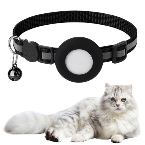 Voarge Airtag Katzenhalsband, Integriertes Katzenhalsband Airtag mit AirTag Halter und Glocke,mit Airtag Hülle, Schnellverschluss, Glöckchen, Verstellbar für Katzen Kitten, Schwarz von Voarge