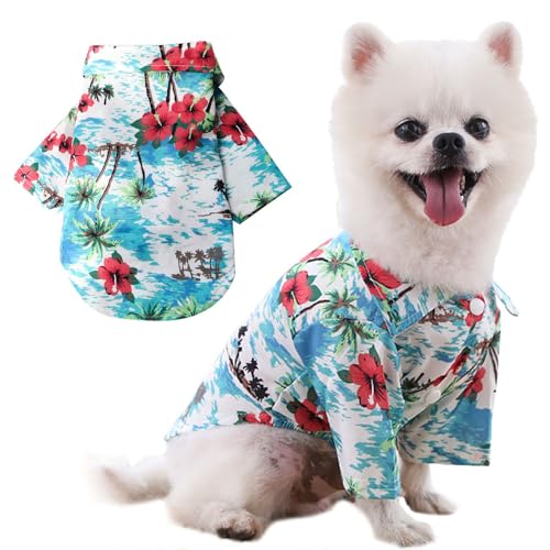 Voarge Haustier-Poloshirt,Hawaiian Style Floral Hundeshirt Bedruckte T-Shirts,Stylisches atmungsaktives Hundesommer-T-Shirt für kleine bis mittlere Hunde Katzen (Insel-Blau, 2XL) von Voarge