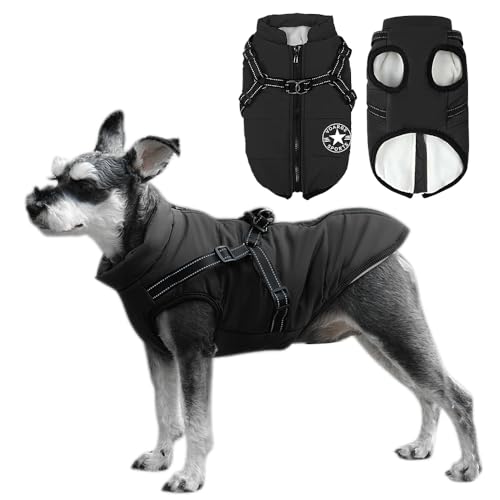 Voarge Hundejacke Winterweste Jacken, Hundemantel mit Geschirr für Kleine Hunde Hundemantel Wasserdicht Maschinen Waschbarer Reflektierender Streifen Design Haltbarer D-Ring (3XL, Schwarz) von Voarge