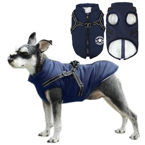 Voarge Hundejacke Winterweste Jacken, Hundemantel mit Geschirr für Kleine Hunde Hundemantel Wasserdicht Maschinen Waschbarer Reflektierender Streifen Design Haltbarer D-Ring (3XL,Blau) von Voarge