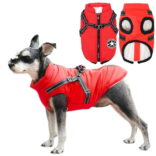 Voarge Hundejacke Winterweste Jacken, Hundemantel mit Geschirr für Kleine Hunde Hundemantel Wasserdicht Maschinen Waschbarer Reflektierender Streifen Design Haltbarer D-Ring (4XL,Rot) von Voarge