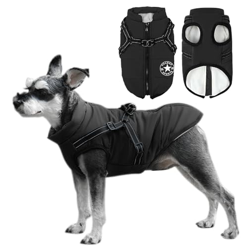 Voarge Hundejacke Winterweste Jacken, Hundemantel mit Geschirr für Kleine Hunde Hundemantel Wasserdicht Maschinen Waschbarer Reflektierender Streifen Design Haltbarer D-Ring (4XL,Schwarz) von Voarge