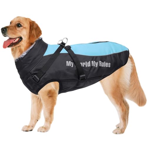 Voarge Hundemantel Warme Jacke, Wasserdichte Winterjacke für Hunde mit Geschirr, Winddicht, Skijacke Winddicht mit reflektierenden Bändern (3XL, Blau) von Voarge