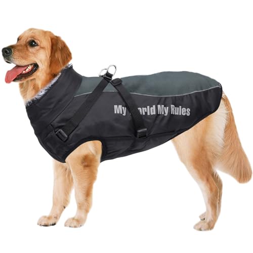 Voarge Hundemantel Warme Jacke, Wasserdichte Winterjacke für Hunde mit Geschirr, Winddicht, Skijacke Winddicht mit reflektierenden Bändern (3XL, Grau) von Voarge