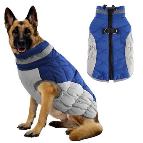 Voarge Hundemantel Winter,Hundejacke mit Geschirr,Warme Hundeweste mit Reflektierend, Kaltes Wetter Winter Warme Jacke für Kleine Mittlere Große Hunde (Blau, 2XL) von Voarge