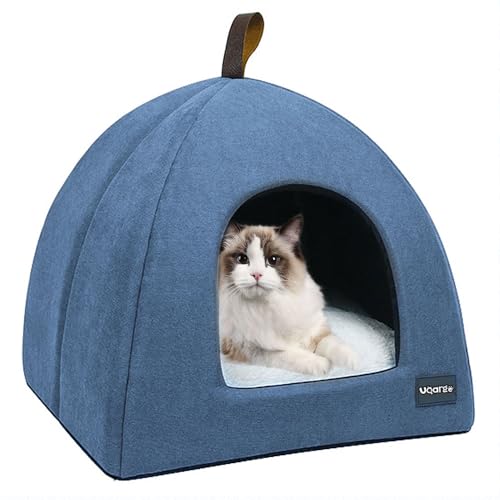 Voarge Katzenhöhle Katzenbett, weiche Katzenhöhle, weiche warme Plüsch-Katzenbetten, Katzennest mit herausnehmbarem Innenkissen (Blau L) von Voarge