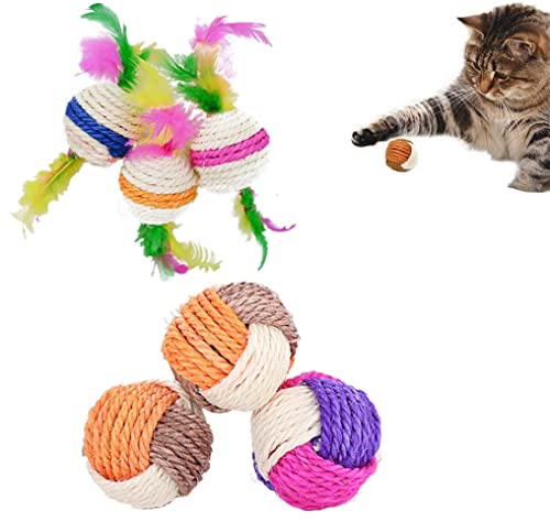 Voarge Sisal Seilball, Katze Sisal Ball, Katzenspielzeug Bälle, 6PCS Sisal Ball Katze,KatzenSpielzeug für den Innenbereich,Interaktive Haustier Katzen Spielzeug Bälle mit Feder von Voarge