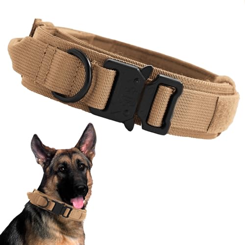 Voarge Taktisches Hundehalsband,Hundehalsband Verstellbar mit Kontrollgriff, Gepolstertes Nylon Hunde Halsband,Metallschnalle, für Mittlere Große Hunde Jagd Training Outdoor, Braun, L von Voarge