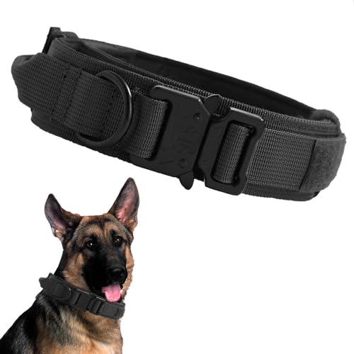 Voarge Taktisches Hundehalsband,Hundehalsband Verstellbar mit Kontrollgriff, Gepolstertes Nylon Hunde Halsband,Metallschnalle, für Mittlere Große Hunde Jagd Training Outdoor (Schwarz, L) von Voarge