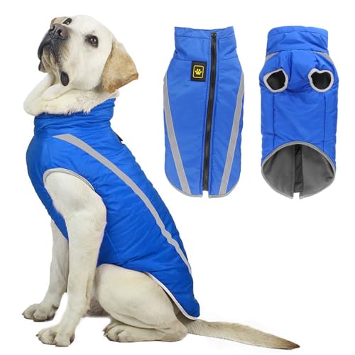 Voarge Wasserdichter Hundemantel Winter Warme Jacke, Reflektierende Verstellbare Outfit Winter Jacke für kleine mittelgroße Hunde mit Geschirrloch (Blau, 3XL) von Voarge