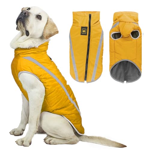 Voarge Wasserdichter Hundemantel Winter Warme Jacke, Reflektierende Verstellbare Outfit Winter Jacke für kleine mittelgroße Hunde mit Geschirrloch (Gelb, 3XL) von Voarge