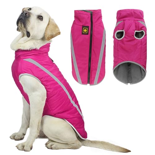 Voarge Wasserdichter Hundemantel Winter Warme Jacke, Reflektierende Verstellbare Outfit Winter Jacke für kleine mittelgroße Hunde mit Geschirrloch (Rosa, 2XL) von Voarge