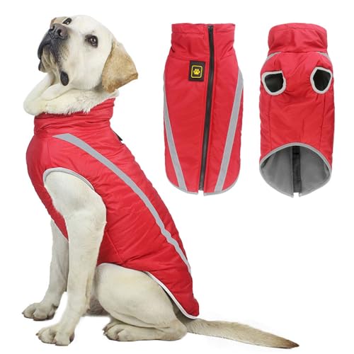 Voarge Wasserdichter Hundemantel Winter Warme Jacke, Reflektierende Verstellbare Outfit Winter Jacke für kleine mittelgroße Hunde mit Geschirrloch (Rot, 4XL) von Voarge