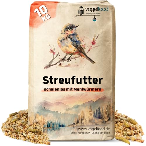 Vogelfood 10 kg Streufutter ohne Schalen mit Mehlwürmern für Wildvögel von vogelfood wir sind gut zu Vögeln