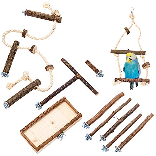 10 teiliges Grundausstattung Set mit GRATIS EINZELSITZER, Natur Sitzstangen Vogelschaukel, Sitzbrett, Anflugstange und Käfig Sitzseil für Wellensittich, Nymphensittich | Zubehör Vogelkäfig Spielzeug von Vogelgaleria