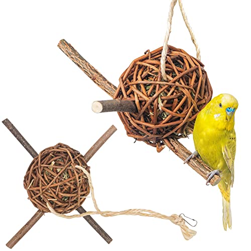 Vogelgaleria® 2er Set prall mit Heu gefüllte Weidenkugel 10cm zum knabbern und Klettern für Vögel | Bestes Wellensittich Spielzeug für den Käfig | Ideales Knabberspielzeug Vogelzubehör handgemacht von Vogelgaleria