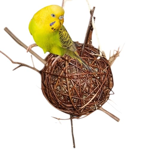 Vogelgaleria® Weidenkugel 20cm gefüllt mit Heu | zum knabbern und Klettern | Natürliches Wellensittich Spielzeug für den Käfig | Beschäftigung für Vögel Vogelzubehör handgemacht von Vogelgaleria
