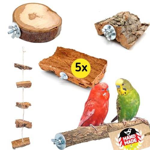 5- teiliges Set Kork Vögel Kork Wellensittich | Korksitzbrett, Kork-Knabberseil, Korkpickstein, Korksitzstange von Vogelgaleria