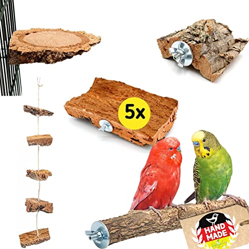 5- teiliges Set Kork Vögel Kork Wellensittich | Korksitzbrett, Kork-Knabberseil, Korkpickstein, Korksitzstange von Vogelgaleria