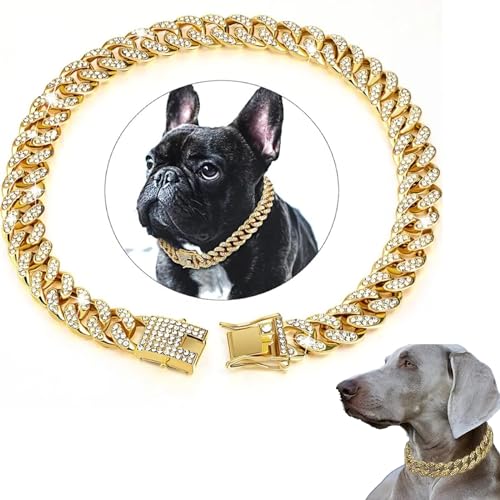 Vokowin Goldene Hundekette, kubanisches Diamant-Halsband, goldfarben, Metallkette, Halsband mit Design, sichere Schnalle, Haustier-Schmuck, Zubehör, Kette, Halsband, Zubehör für mittelgroße und große von Vokowin