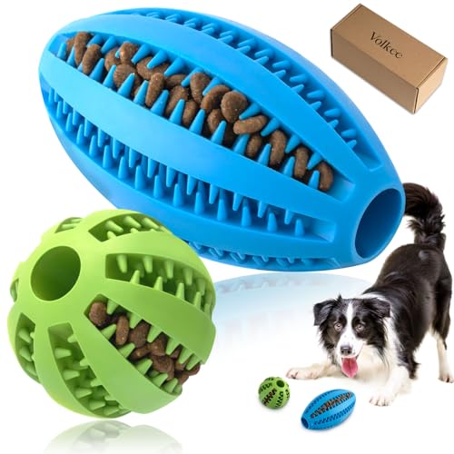 Volkee Kaubälle für Hunde, interaktives Puzzle-Spielzeug für saubere Zähne und Training, Hundebälle für Welpen und mittelgroße Hunde, 2 Stück (1 blau + 1 grün) von Volkee