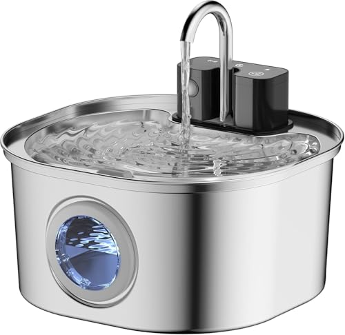 Voluas Edelstahl Katzenbrunnen - Drahtloser Haustierbrunnen mit Batteriebetrieb, 108oz/3,2L, Automatischer Wasserspender für Hunde mit leiser Pumpe, Leicht zu reinigen, BPA-frei für Katzen, Hunde, Meh von Voluas