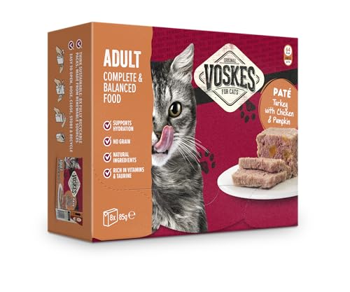 Voskes Paté Nassfutter für Katzen 8 x 85g (Adult Paté Pute mit Huhn und Kürbis 8 x 85g) von Voskes