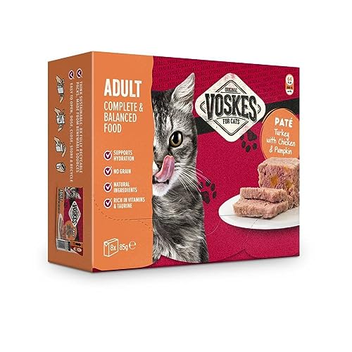 Voskes Paté Nassfutter für Katzen 8 x 85g (Adult Paté Pute mit Huhn und Kürbis 8 x 85g) von Voskes