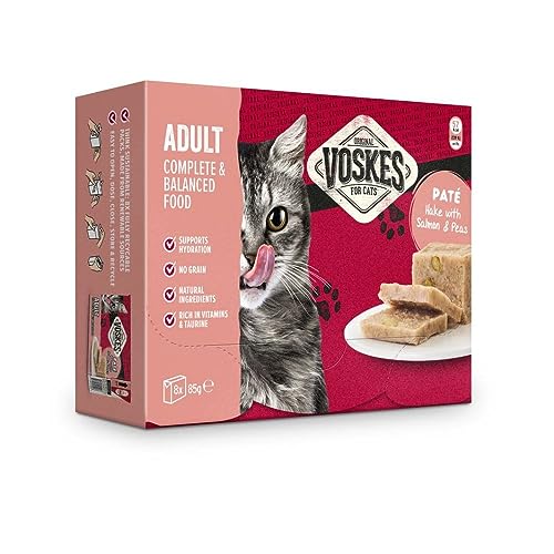 Voskes Paté Nassfutter für Katzen 8 x 85g (Adult Paté Seehecht mit Lachs und Erbsen 8 x 85g) von Voskes