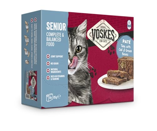 Voskes Paté Nassfutter für Katzen 8 x 85g (Senior Paté Thunfisch mit Kabeljau & Bohnen 8x85g) von Voskes