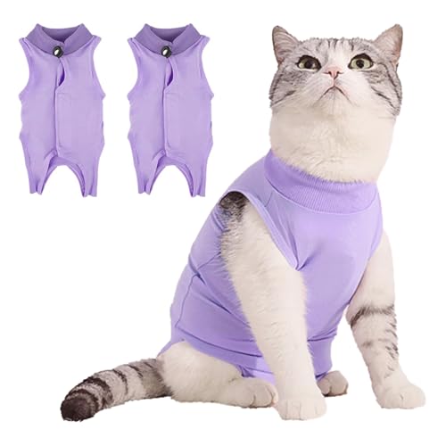 2Pcs Recovery Suit Erholungsanzug Kleidung, Haustiere Schutz Kleidung für Katzen, Chirurgischer Genesungsanzug Katzen Erholungsanzug, Operationsgenesungsanzüge für Katzen (Lila, L) von Vuemhjaey