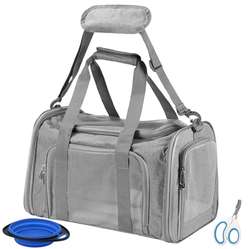 Vuxava Transportbox für Katze und Hund, Faltbare Transporttasche, atmungsaktive Katzentransportbox, mit Schultergurt & waschbarem Kissen, 45x28x28cm, bis 5kg, geeignet für Auto/Flugzeug, Grau von Vuxava