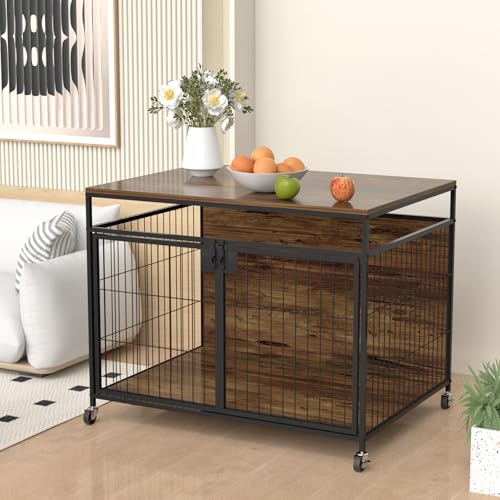 VyGrow Hundekäfig für Große Hunde, Hundebox aus Holz mit Doppeltüren, Robuste Hundekäfig-Beistelltisch für den Innenbereich, Drehbare Räder oder Fußpolster, 99,9 cm L x 71,1 B x 80,1 H VyGrow Hundekäfig für Große Hunde, Hundebox aus Holz mit Doppeltüren, Robuste Hundekäfig-Beistelltisch für den Innenbereich, Drehbare Räder oder Fußpolster, 99,9 cm L x 71,1 B x 80,1 H von VyGrow