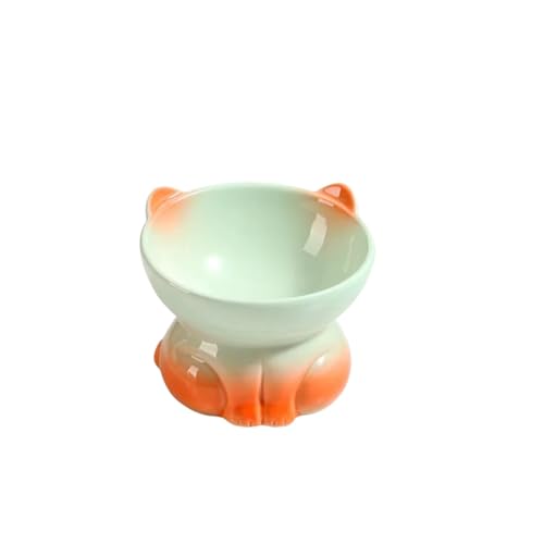 Vyloky Farbverlauf Keramik Katzennapf 7cm Schräghöhe, rutschfeste Katzenform - Reinigbar für Nass-/Trockenfutter & Wasser - 5 Farbtöne 13x10,8cm (Orange + Grün) von Vyloky