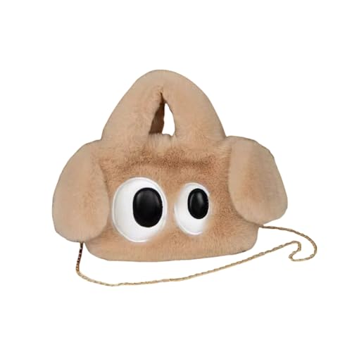 Vyloky Flauschige Hundetasche 'Maomao' mit großen Augen - 26x16cm Umhängetasche, PU-Leder Futter, 4 Farben (Grün, Khaki, Weiß) + Kette - Geschenk für Freundin & Beste Freundin (Hellkhaki) von Vyloky