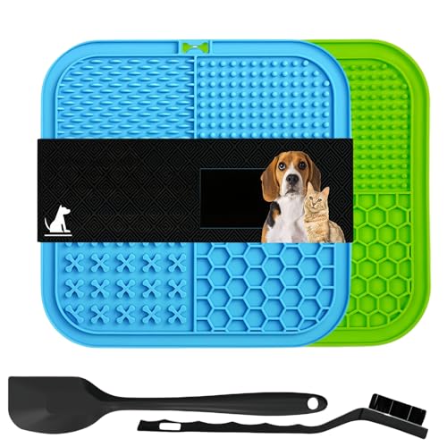 Vyloky Hundeleckmatte, 2er-Pack, Leckmatte Hund mit Silikonspatel und Bürste, Angstabbau, Hundespielzeug, Futtermatte für Butter, Joghurt, Fellpflege & Krallenpflege, BPA-frei (Blau + Grün, 2-stück) von Vyloky