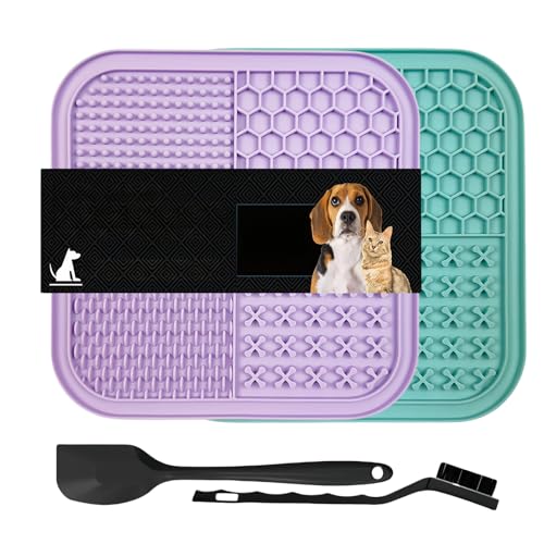 Vyloky Hundeleckmatte, 2er-Pack, Leckmatte Hund mit Silikonspatel und Bürste, Angstabbau, Hundespielzeug, Futtermatte für Butter, Joghurt, Fellpflege & Krallenpflege, BPA-frei (Lila + Cyan, 2-stück) von Vyloky