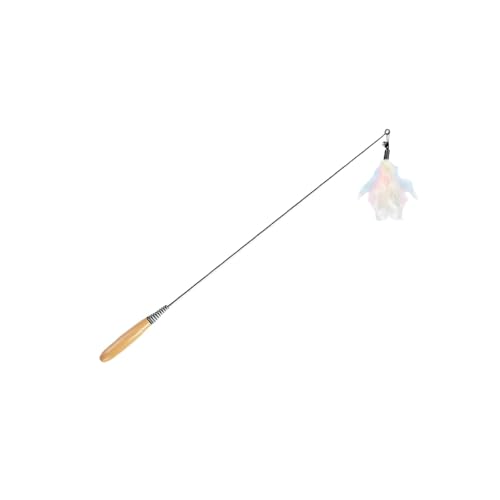 Vyloky Katzenangel mit 4 Wechselköpfen (Federn/Fisch) + Massivholzgriff | 49cm Federstab mit Federung, Leicht 36g für Spieltrieb & Sicherheitsabstand (Farbig) von Vyloky