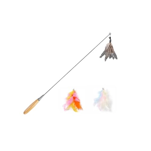 Vyloky Katzenangel mit 4 Wechselköpfen (Federn/Fisch) + Massivholzgriff | 49cm Federstab mit Federung, Leicht 36g für Spieltrieb & Sicherheitsabstand (Farbig + Orange + gefleckte Federn) von Vyloky