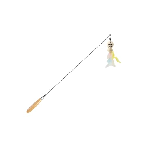 Vyloky Katzenangel mit 4 Wechselköpfen (Federn/Fisch) + Massivholzgriff | 49cm Federstab mit Federung, Leicht 36g für Spieltrieb & Sicherheitsabstand (Farbig Kleiner Fisch) von Vyloky