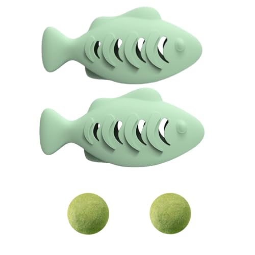 Vyloky Silikon-Fisch für Katzen (2er-Set) mit Minzkugel | gegen Depressionen und Haarballen | 2-in-1 zur Selbstreinigung der Mundhöhle (grün 2er-Set) von Vyloky