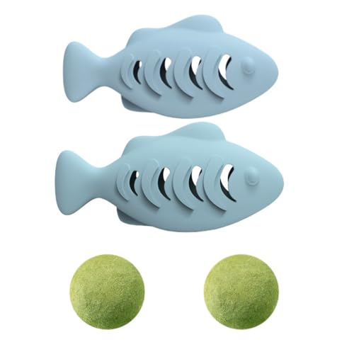 Vyloky Silikon-Fischspielzeug für Katzen (2er-Set) mit Minzkugel | Spielzeug gegen Depressionen und Haarballen | 2-in-1-Spielzeug zur Selbstreinigung der Mundhöhle (Blau 2er-Set) von Vyloky