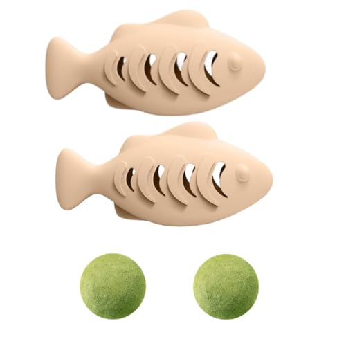 Vyloky Silikon-Fischspielzeug für Katzen (2er-Set) mit Minzkugel | Spielzeug gegen Depressionen und Haarballen | 2-in-1-Spielzeug zur Selbstreinigung der Mundhöhle (beige 2er-Set) von Vyloky
