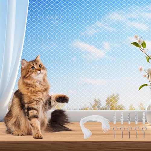 Katzennetz für Balkon Transparent,3 x 8 m Transparentes Katzenschutznet,Balkonnetz für Katzen Ohne Bohren mit Befestigungsseil und Zubehör, UV-Beständig,Wetterfest,für Balkone Fenster Gärten(Weiß) von Vylro