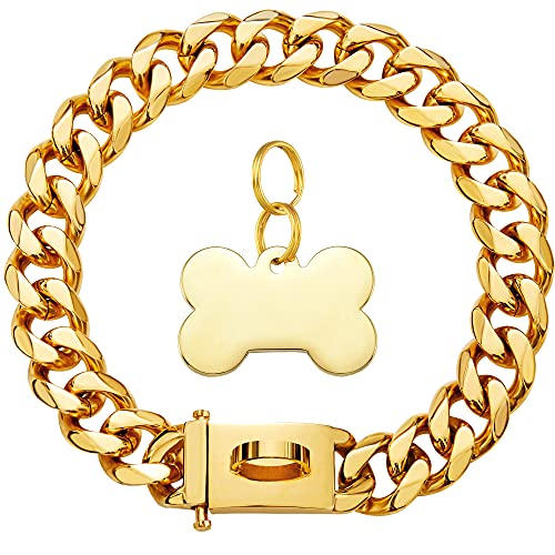 Gold Hundehalsband mit Metallkette und Sicherheitsschnalle, 18 K kubanische Glieder, robust, kaufest, für mittelgroße Hunde, amerikanischer Pitbull, Deutscher Schäferhund, 19 mm, 40,6 cm von W/W Lifetime