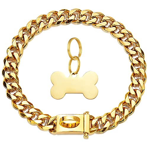 Goldenes Hundehalsband, Metallkette, mit Sicherheitsschnalle, 18 Karat kubanische Glieder, robust, kaufest, für mittelgroße und große Hunde, amerikanischer Pitbull-Schäferhund, 15 mm, 61 cm von W/W Lifetime