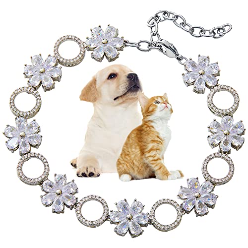 Hundehalsband, Zirkonia, glitzerndes Halsband für Welpen, Kätzchen, Gold, verstellbar, Katzenhalsband mit vereisten Kristallsteinen, Sonnenblume (Silber, 35,6 cm) von W/W Lifetime