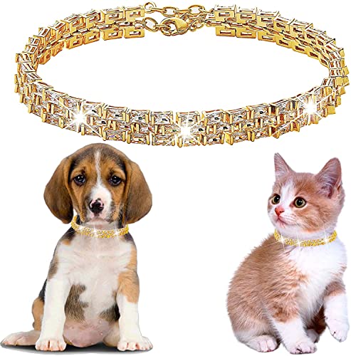 Hundehalsband, Zirkonia, glitzerndes Halsband für Welpen, Kätzchen, Gold, verstellbares Katzenhalsband mit vereisten Kristallsteinen, Uhrenband (Gold, 20,3 cm) von W/W Lifetime